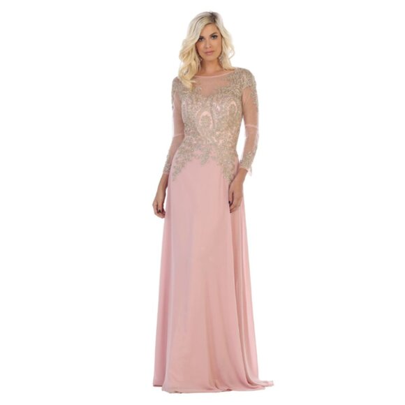 Dusty Rose Evening Long Boat Neck 3/4 Sleeve A-Line Dress By May Queen  MQ1549
